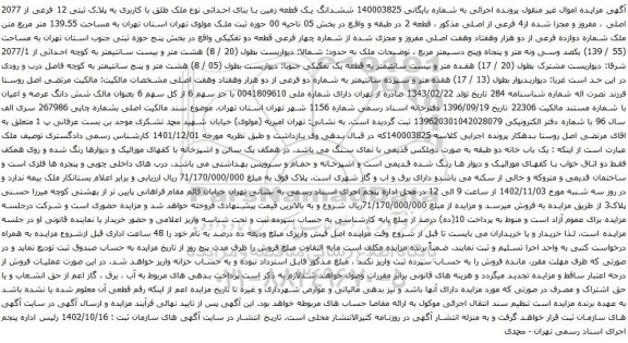 آگهی مزایده ششدانگ یک قطعه زمین با بنای احداثی نوع ملک طلق با کاربری به پلاک ثبتی 12 فرعی از 2077 اصلی