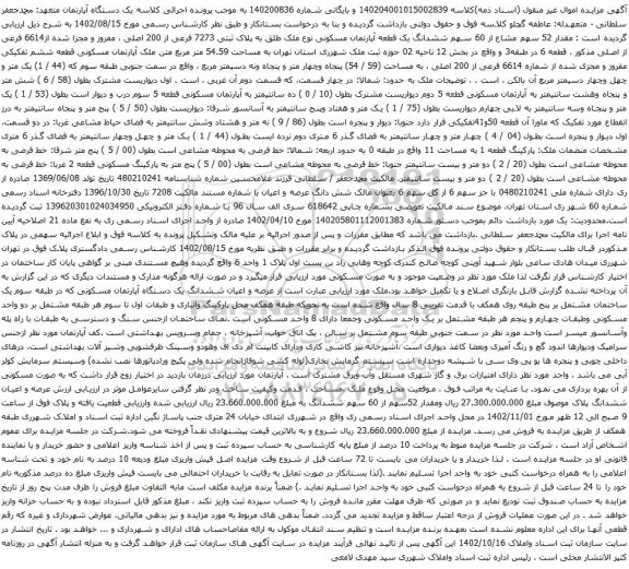 آگهی مزایده ششدانگ یک قطعه آپارتمان مسکونی نوع ملک طلق به پلاک ثبتی 7273 فرعی از 200 اصلی