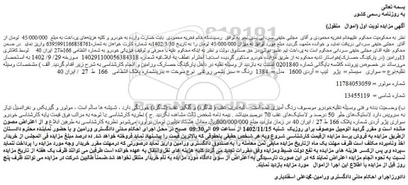 مزایده فروش خودرو سواری   سیستم: پژو   تیپ: آردی 1600   مدل:  1384  رنگ: سبز یشمی روغنی 