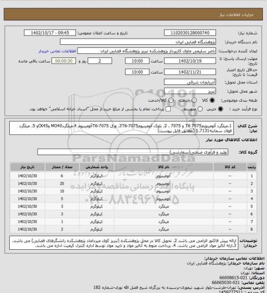 استعلام 1.میلگرد آلومینویمT6 7075 و 7075 . 2. بلوک آلومینیوم3T6-7075. ورق T6-7075آلومینیوم 4.میلگردMO40 وCK45و 5. میلگرد فولاد سمانته1.7131 (مطابق فایل پیوست)