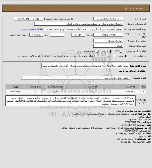 استعلام صدور 7فقره بیمه نامه بدنه خودروهای دانشگاه علوم پزشکی گناباد طبق لیست پیوست
