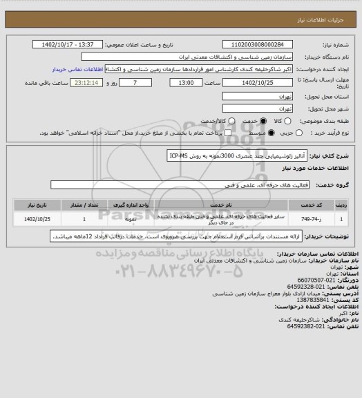 استعلام آنالیز ژئوشیمیایی چند عنصری  3000نمونه به روش ICP-MS