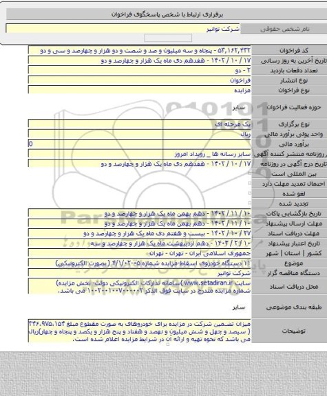 مزایده, ۱۱ دستگاه خودروی اسقاط-مزایده شماره ۰۵-۴/۱/۰۲ ( بصورت الکترونیکی)