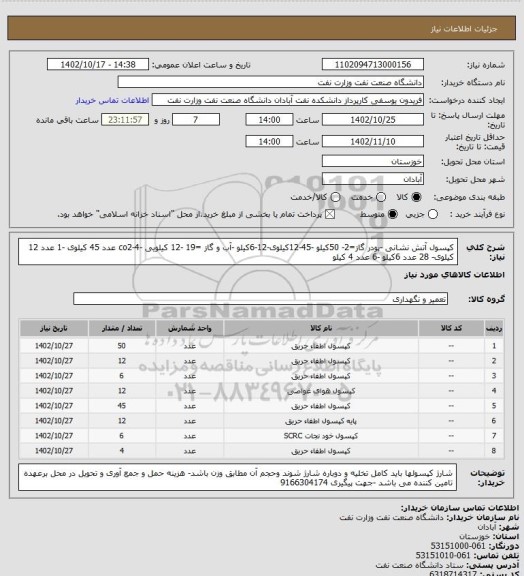 استعلام کپسول آتش نشانی -پودر گاز=2- 50کیلو -45-12کیلوی-12-6کیلو  -آب و گاز =19 -12 کیلویی   -co2-4 عدد 45 کیلوی -1 عدد 12 کیلوی- 28 عدد 6کیلو -6 عدد 4 کیلو
