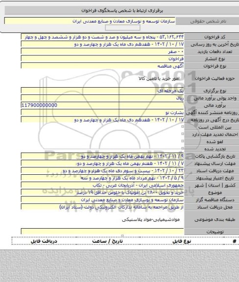 مناقصه, خرید و تحویل ۱۸۰۰ تن امونیاک با خلوص حداقل ۱۹ درصد