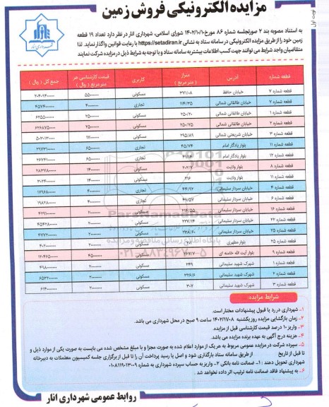 مزایده تعداد 19 قطعه زمین خود کاربری مسکونی و تجاری  نوبت اول 