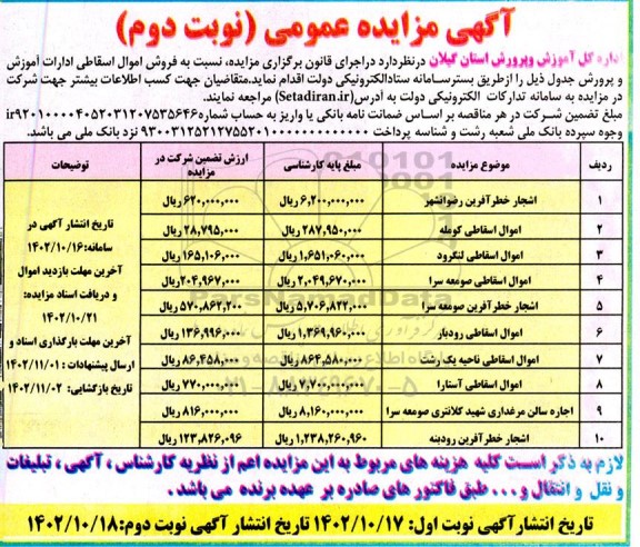 مزایده فروش اموال اسقاطی ادارات آموزش و پرورش - نوبت دوم