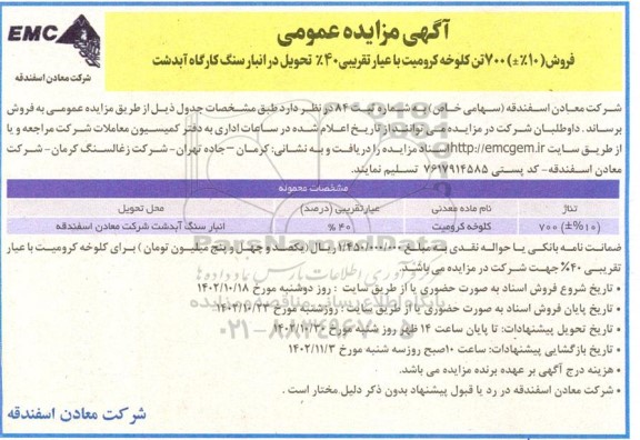 مزایده فروش (%10±) 1000 تن کلوخه کرومیت با عیار تقریبی 40% 