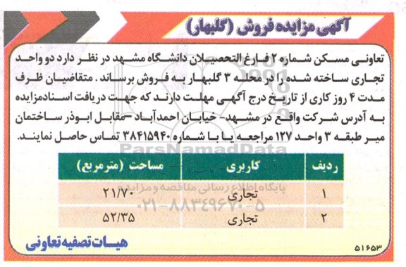 مزایده فروش دو واحد تجاری