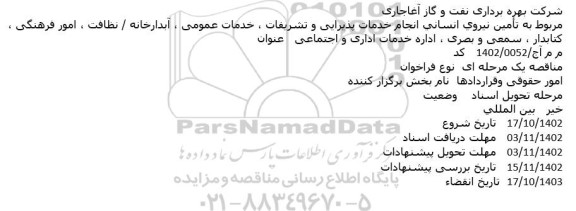 مناقصه تأمين نيروي انساني انجام خدمات پذیرایی و تشریفات ، خدمات عمومی ، آبدارخانه / نظافت ، امور فرهنگی ، کتابدار ، سمعی و بصری  ...