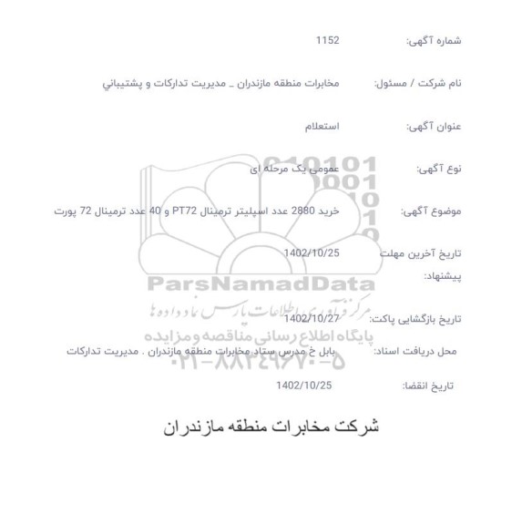 استعلام خرید 2880 عدد اسپلیتر ترمینال pt72 , 40 عدد ترمینال 72 پورت