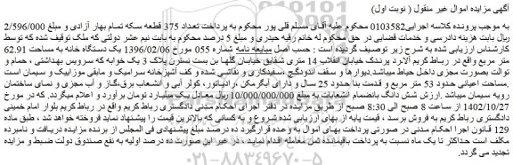 مزایده یک دستگاه خانه به مساحت 62.91 متر مربع 