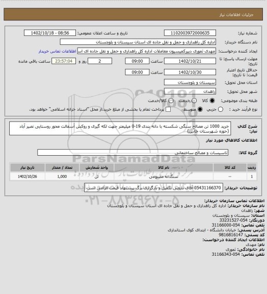 استعلام خرید 1000 تن مصالح سنگی شکسته با دانه بندی 19-0 میلیمتر جهت لکه گیری و روکش آسفالت محور روستایی نصیر آباد (حوزه شهرستان خاش)