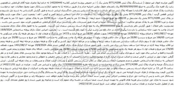 آگهی مزایده پلاک ثبتی 9771/4299 بخش یک