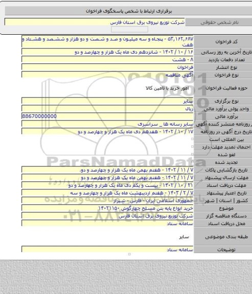 مناقصه, خرید انواع پایه بتن مسلح چهارگوش ۱۴۰۲۱۱۵۰