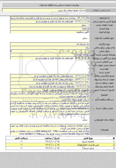 مناقصه, برونسپاری خدمات حراست فیزیکی در بیست و سه حوزه نگهبانی با تعداد برآوردی ۷۸ نفر نگهبان در محدوده شرکت