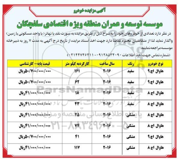 مزایده تعدادی خودرو