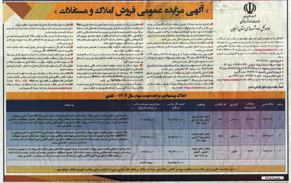 مزایده عمومی فروش املاک و مستغلات
