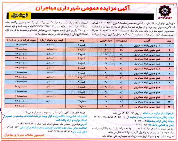 مزایده بهره برداری از چهارده باب تجاری