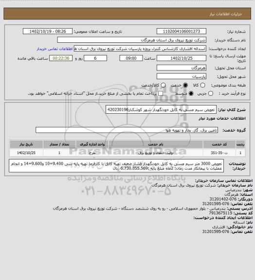 استعلام تعویض سیم مسی به کابل خودنگهدار شهر کوشکنار420230196