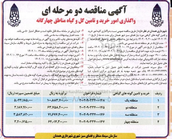 مناقصه واگذاری امور خرید و تامین گل و گیاه مناطق چهارگانه