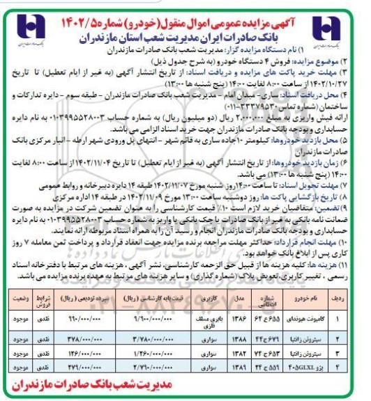 آگهی مزایده عمومی فروش ۴ دستگاه خودرو -