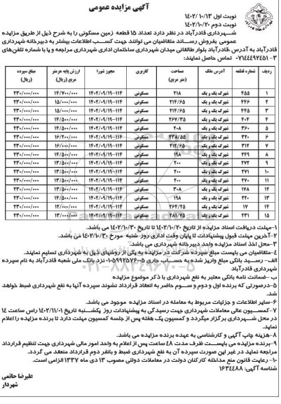 مزایده فروش تعداد 15 قطعه زمین مسکونی  - نوبت دوم 