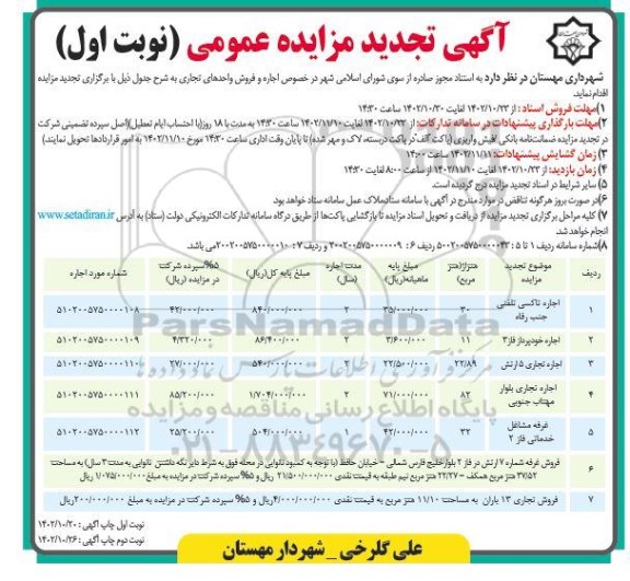 تجدید مزایده اجاره و فروش واحدهای تجاری
