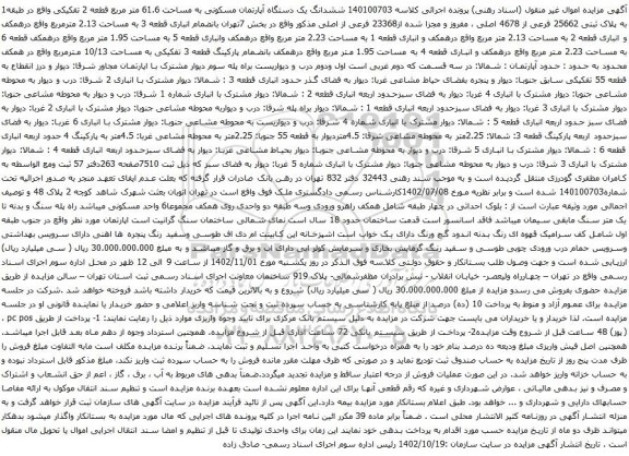 آگهی مزایده ششدانگ یک دستگاه آپارتمان مسکونی به مساحت 61.6 متر مربع قطعه 2 تفکیکی 