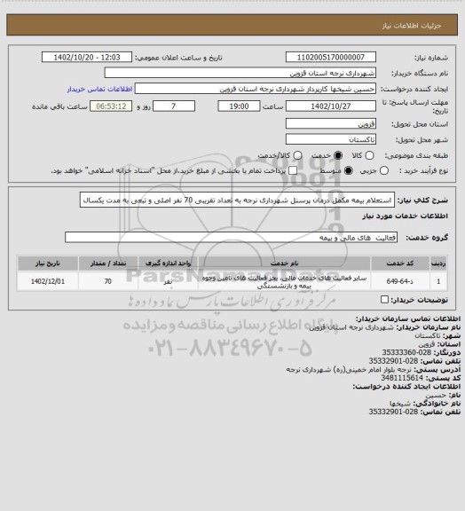 استعلام استعلام بیمه مکمل درمان پرسنل شهرداری نرجه به تعداد تقریبی 70 نفر اصلی و تبعی به مدت یکسال