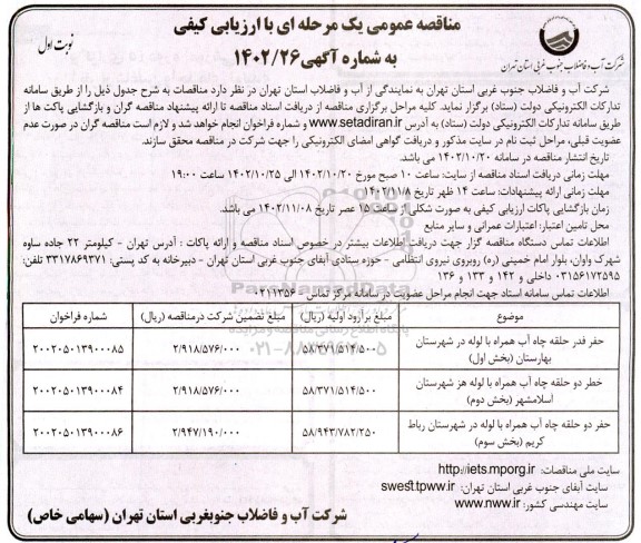 مناقصه حفر فدر حلقه چاه ...