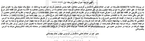 مزایده فروش 15 قطعه شتر مرغ به وزن تقریبی هر قطعه 80 کیلو گرم