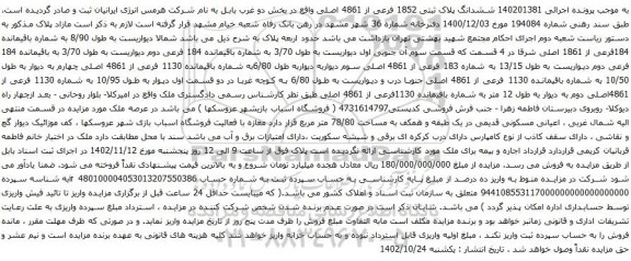 آگهی مزایده ششدانگ پلاک ثبتی 1852 فرعی از 4861 اصلی