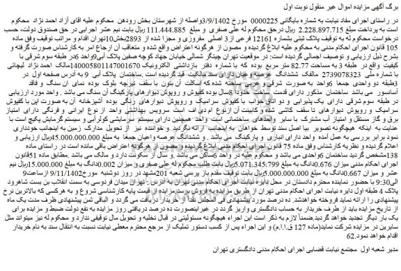 مزایده فروش پلاک ثبتی بشماره 12161 فرعی از3 اصلی مفروزی و مجزا شده از 2893