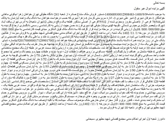 مزایده فروش سه دانگ یک واحد آپارتمان به پلاک ثبتی76544 فرعی از 3اصلی مفروز ومجزی شده از 75532فرعی از اصلی