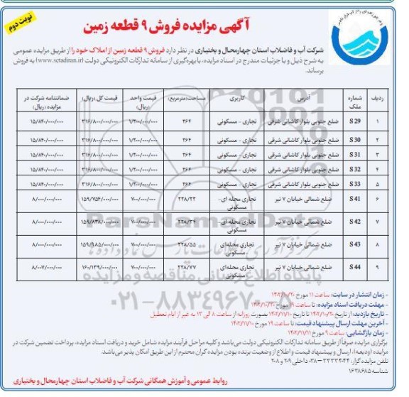 مزایده فروش 9 قطعه زمین از املاک با کاربری تجاری - مسکونی- نوبت دوم