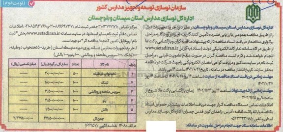 مناقصه خرید تجهیزات شامل تختخواب دو طبقه و... نوبت دوم 