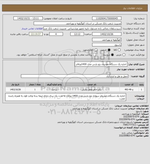 استعلام اجاره یک دستگاه خودروی پژو پارس مدل 1400وبالاتر