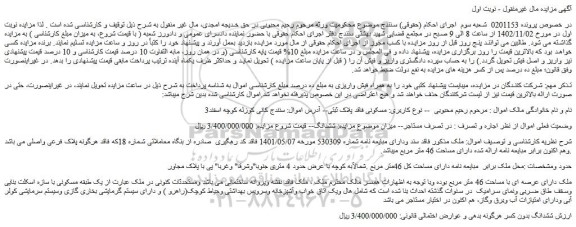 مزایده فروش ملک دارای عرصه ای با مساحت 46 متر مربع