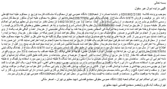 مزایده فروش 0/875 دانگ مشاع از 6دانگ پلاک ثبتی 2398/55954