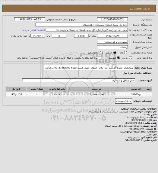 استعلام پیمانکاری خطوط آی سی تی داخل استان  جهت کسب اطلاع 09151485309 دریانوش