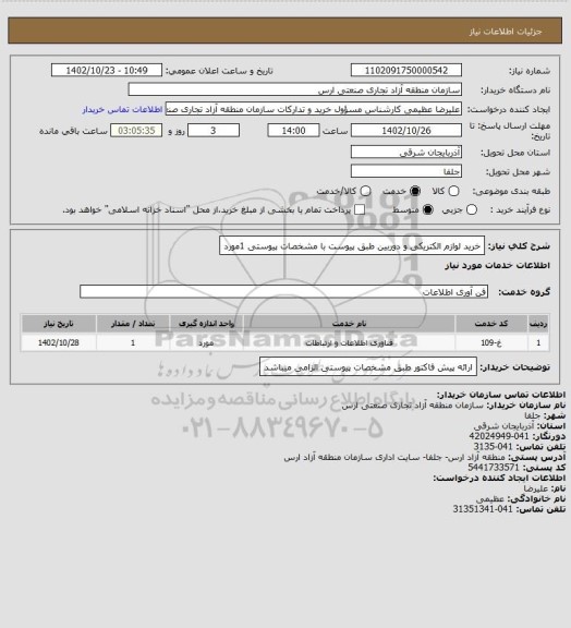 استعلام خرید لوازم الکتریکی  و دوربین طبق پیوست با مشخصات پیوستی   1مورد