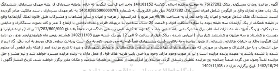 آگهی مزایده ششدانگ یک باب مغازه تجاری