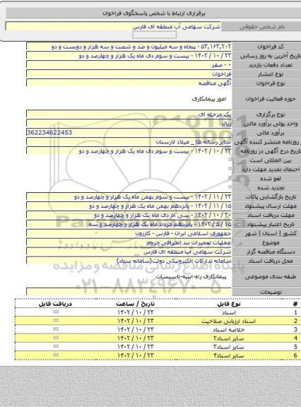 مناقصه, عملیات تعمیرات بند انحرافی چروم