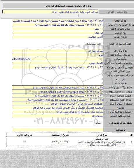 مناقصه, مناقصه فومینگ کولینگ و رنگ امیزی مخازن انبار نفت ناحیه قوچان