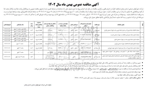 مناقصه عملیات تفکیک شبکه توزیع آب و اجرای شبکه توزیع پساب ....