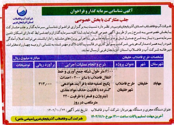 آگهی شناسایی سرمایه گذار و فراخوان جلب مشارکت با بخشی خصوصی