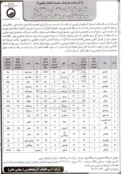 فراخوان مناقصه و مزایده شناسایی متقاضیان سرمایه گذاری در بخش هدر رفت آب تجدید