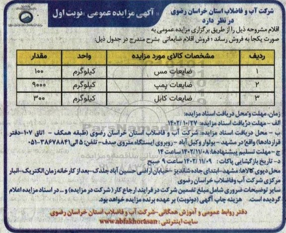 مزایده عمومی فروش ضایعات مس ...