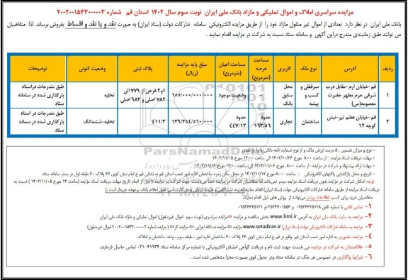 مزایده فروش املاک و اموال تملکی و مازاد 